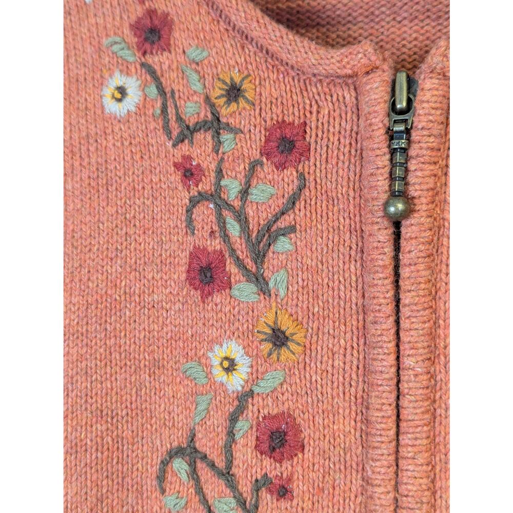Embroidered Floral Cardigan Sweater Orange Zip Autumn Granny Cottage Womens XL - Picture 3 of 8
